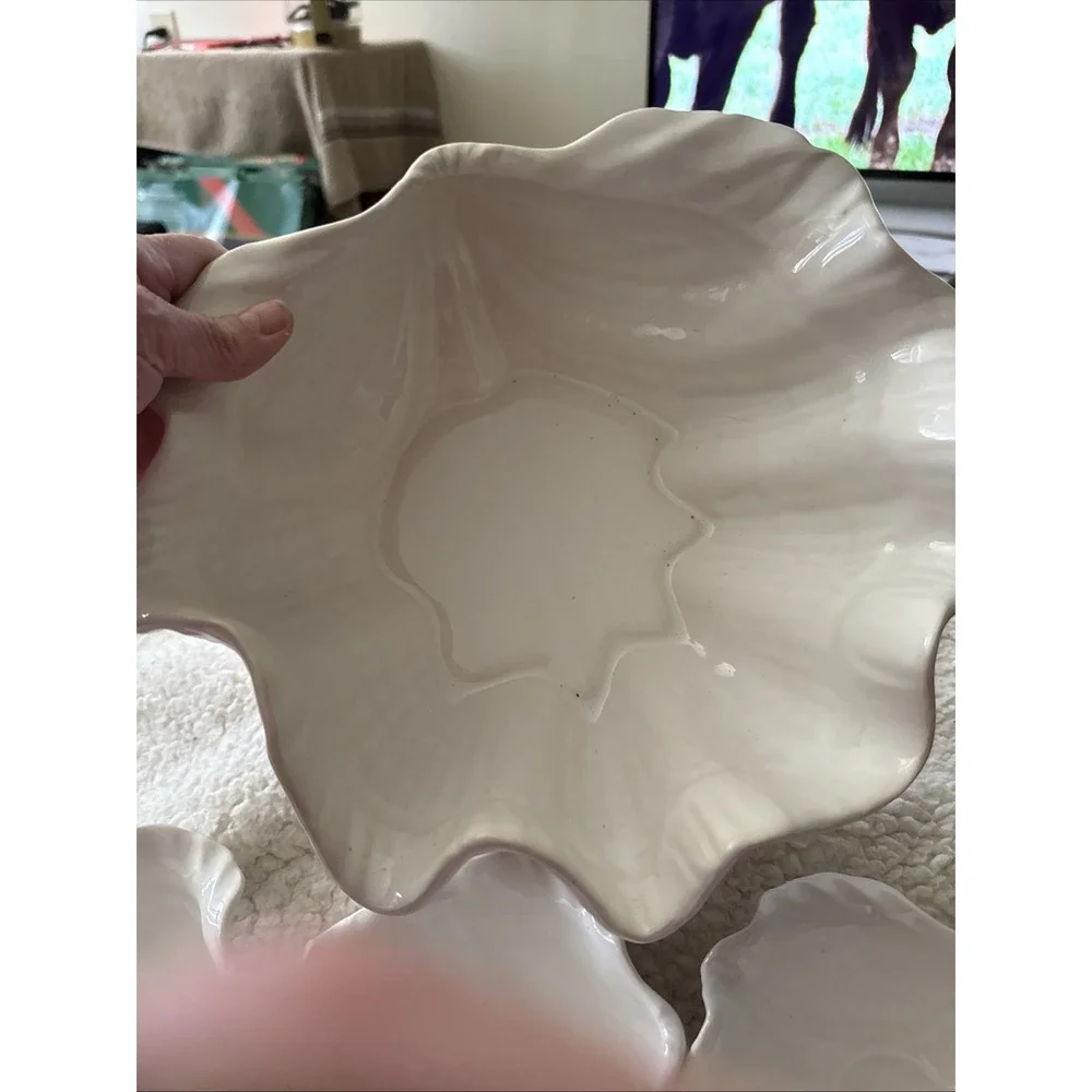Pottery Barn Shell Salad Bowl Large W/3 Small Salad Bowls White 11